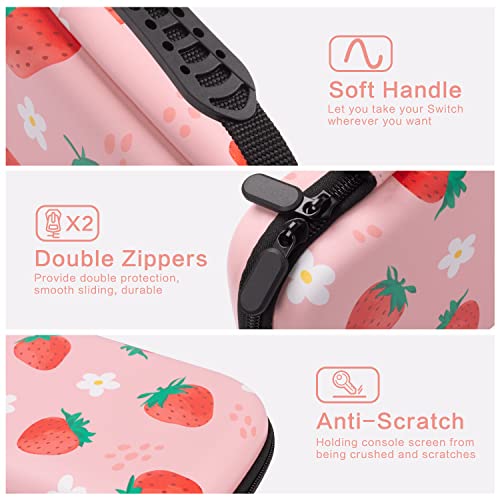 Lokigo Carrying Case for Nintendo Switch/Switch OLED, Nintendo Switch Case for Girls Boys, Portable Shockproof Hard Shell Switch Bag w/20 Game Card Slots for Switch Console Joy-Con & Accessories, Pink