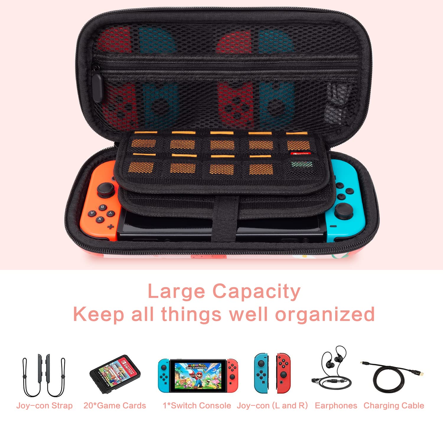 Lokigo Carrying Case for Nintendo Switch/Switch OLED, Nintendo Switch Case for Girls Boys, Portable Shockproof Hard Shell Switch Bag w/20 Game Card Slots for Switch Console Joy-Con & Accessories, Pink