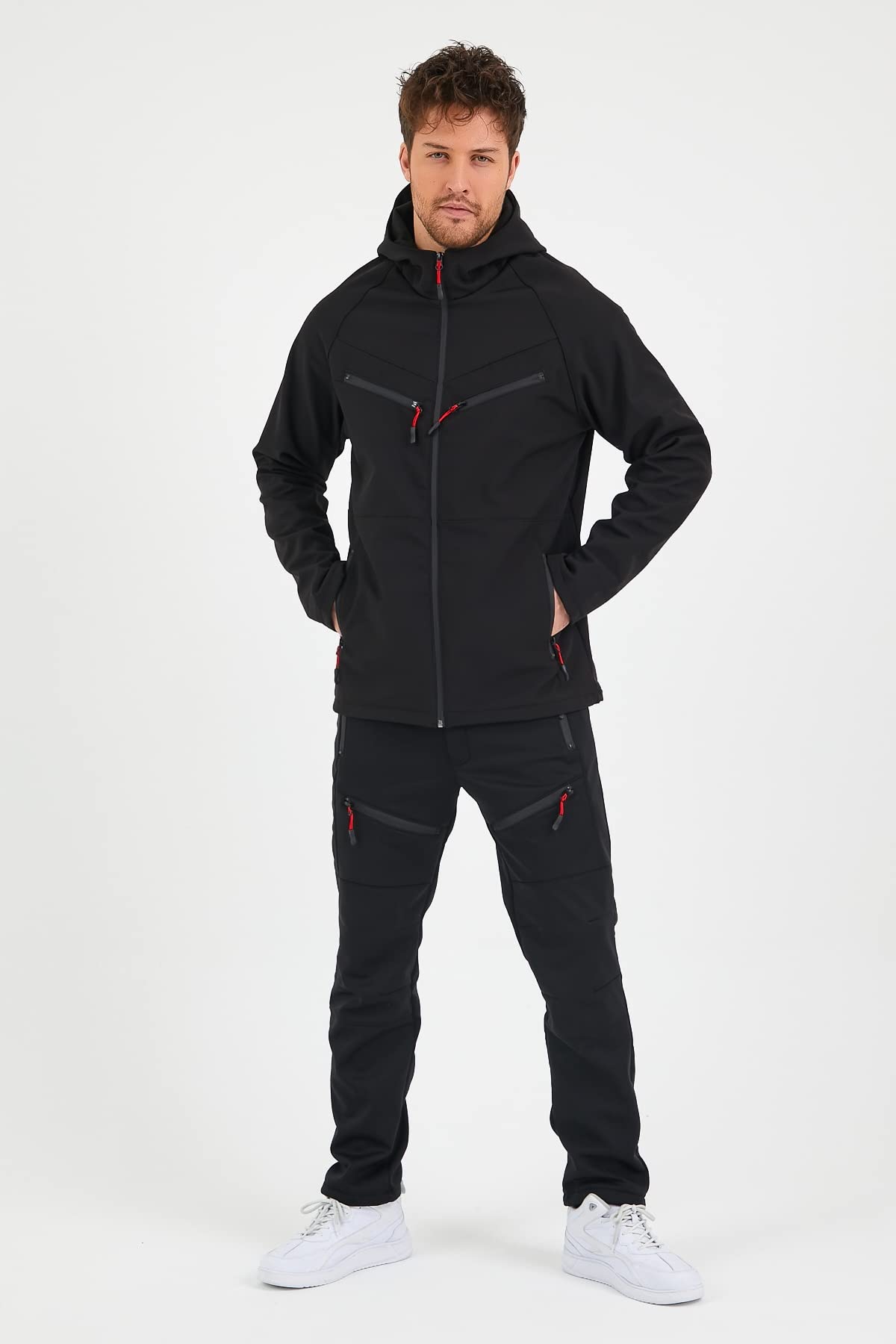 GENIUS STORE Erkek Spor Mont Softshell Outdoor Su ve Rüzgar Geçirmez Ceket 4 Cepli (SİYAH-4C / S)
