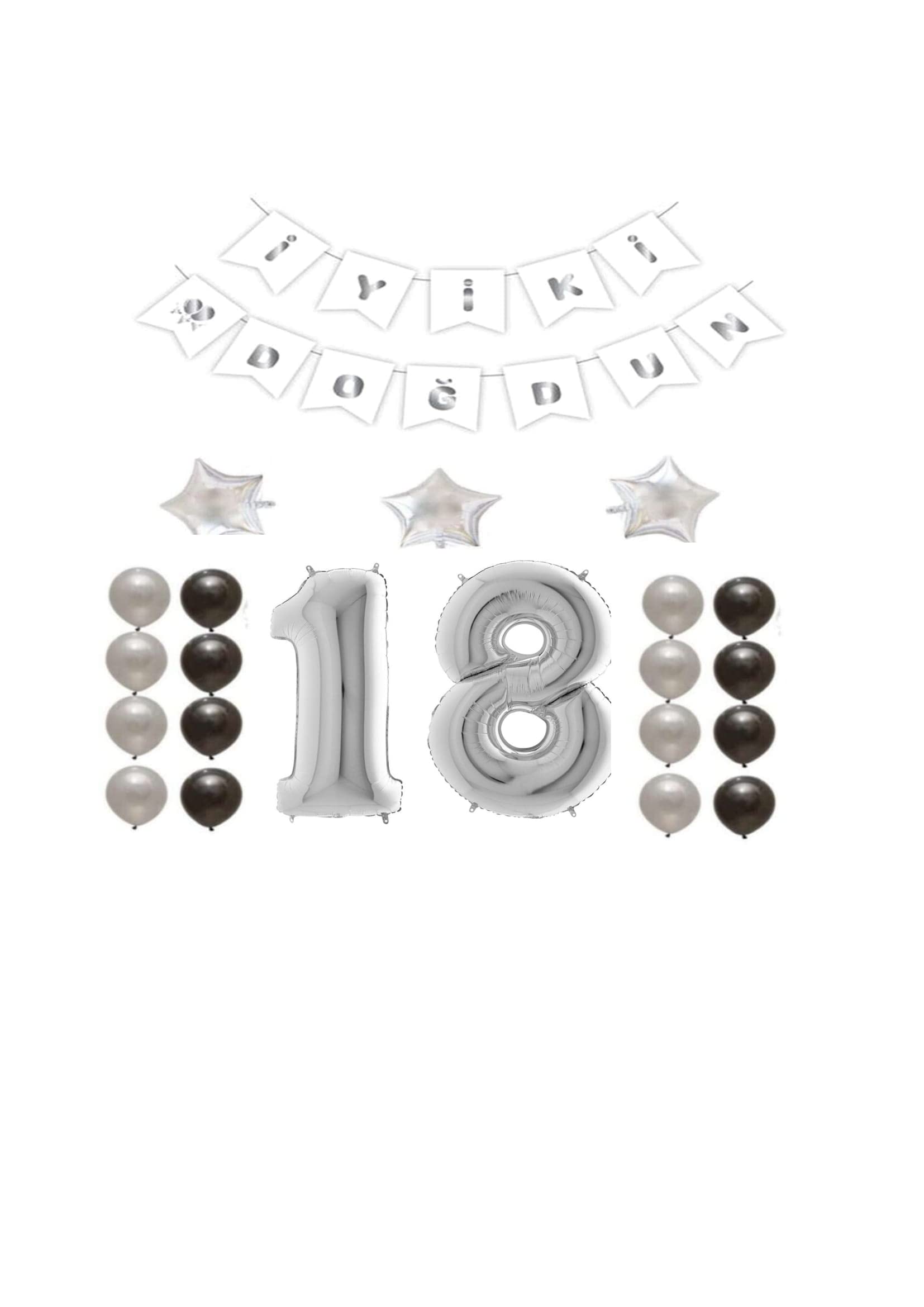 İyiki Doğdun Yazılı 18 Yaş Gümüş Renk Doğum Günü Parti Seti (Renkli)