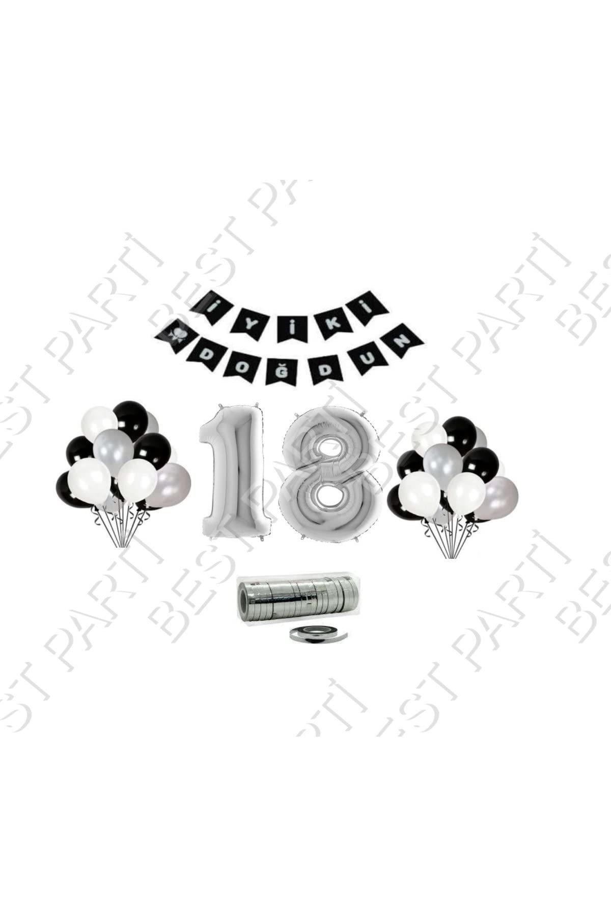 Rafya İpli 18 Yaş Gümüş Folyo Balon Set Doğum Günü