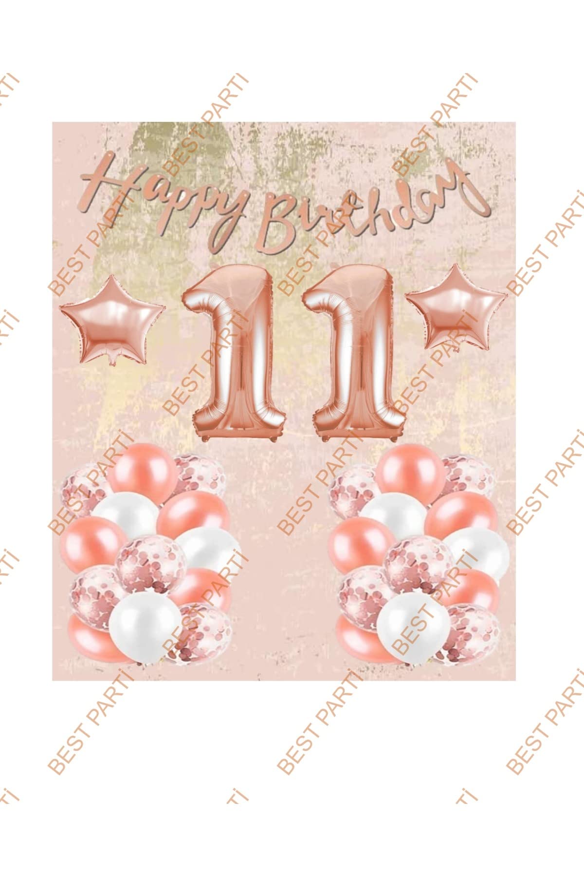 Happy Bırthday Kaligrafi Banner Yıldızlı Balon Seti 11 Yaş