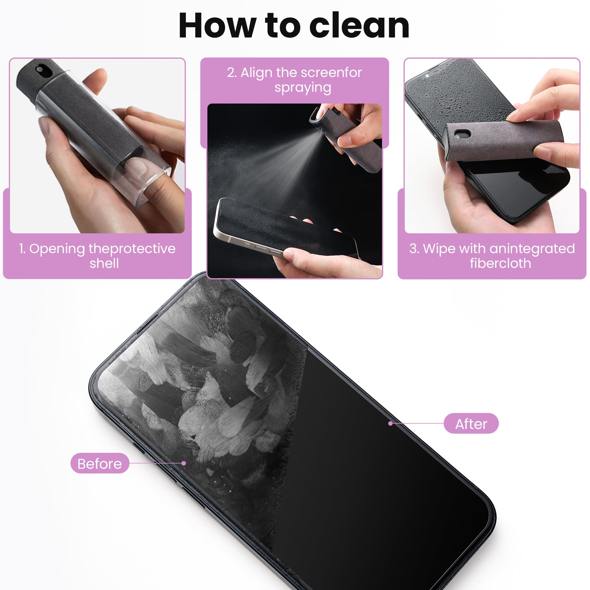 ZERNBER Dokunmatik Ekran Temizleyici, Araba, Tablet ve Telefon Ekran Temizleyici, İkisi Bir Arada Sprey ve Mikrofiber Kumaş, Kadınlar için Araba Aksesuarları Mükemmel Hediyeler (Gri)