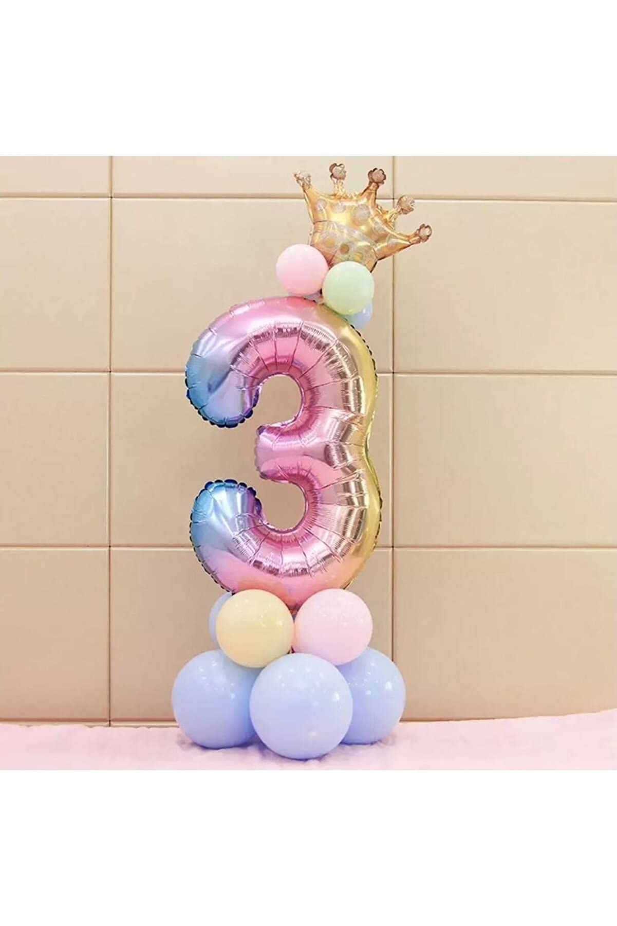 3 Yaş Gökkuşağı Rakam Ve Kral Tacı Folyo Balon Doğum Günü
