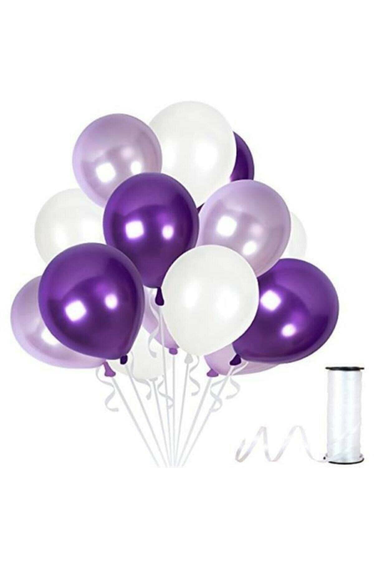 25 Adet Parti Balonu -Lila - Mor - Beyaz Metalik Balon