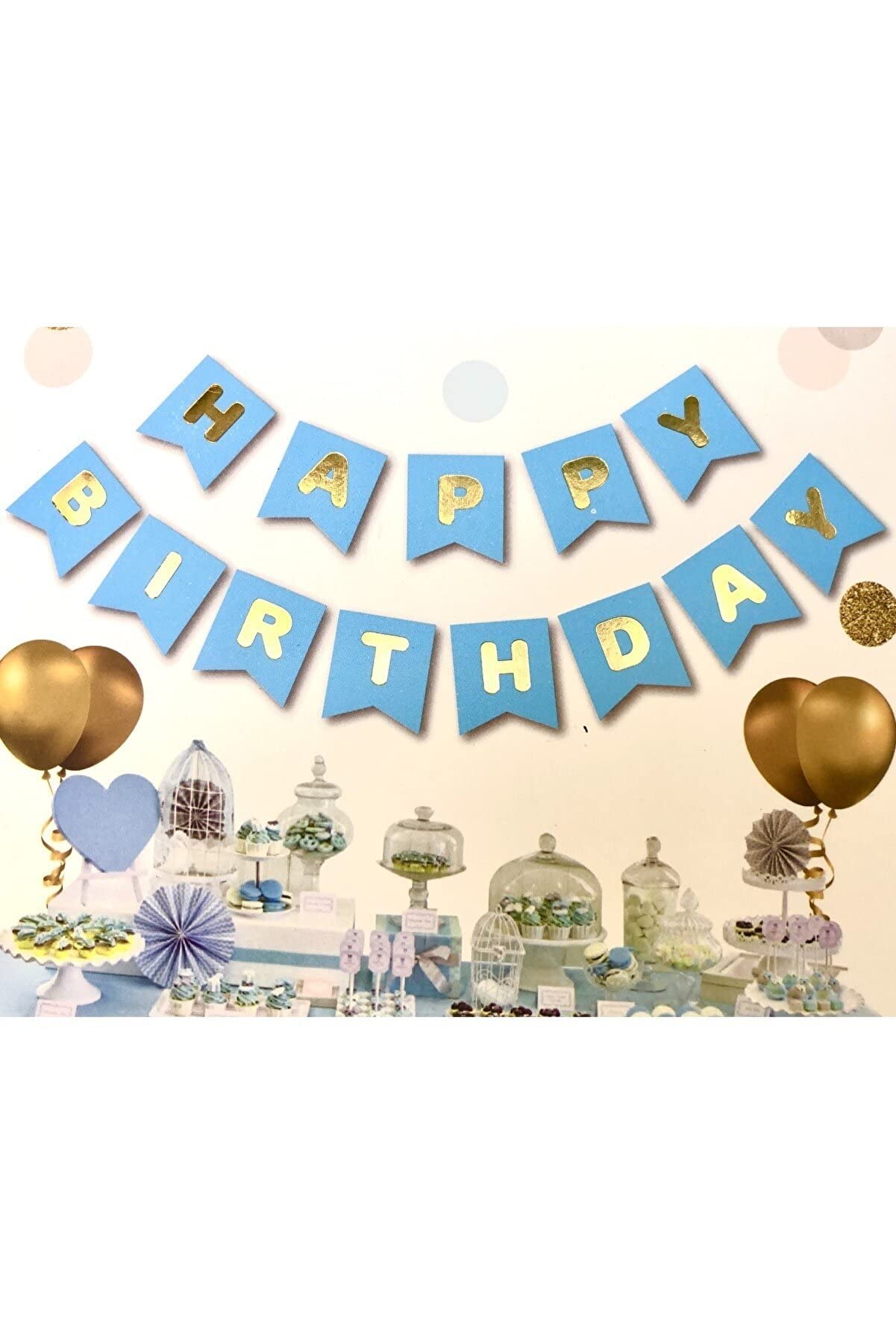 Mavi Üstüne Gold Altın Sarısı Yaldızlı Happy Birthday Yazılı Doğum Günü Partisi Karton Yazı Banner