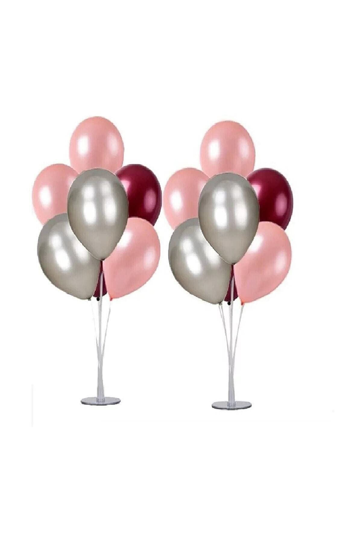 2 Adet 7'li Balon Standı Ve 14 Adet Rose Gold- Gümüş - Bordo Metalik Balon Set