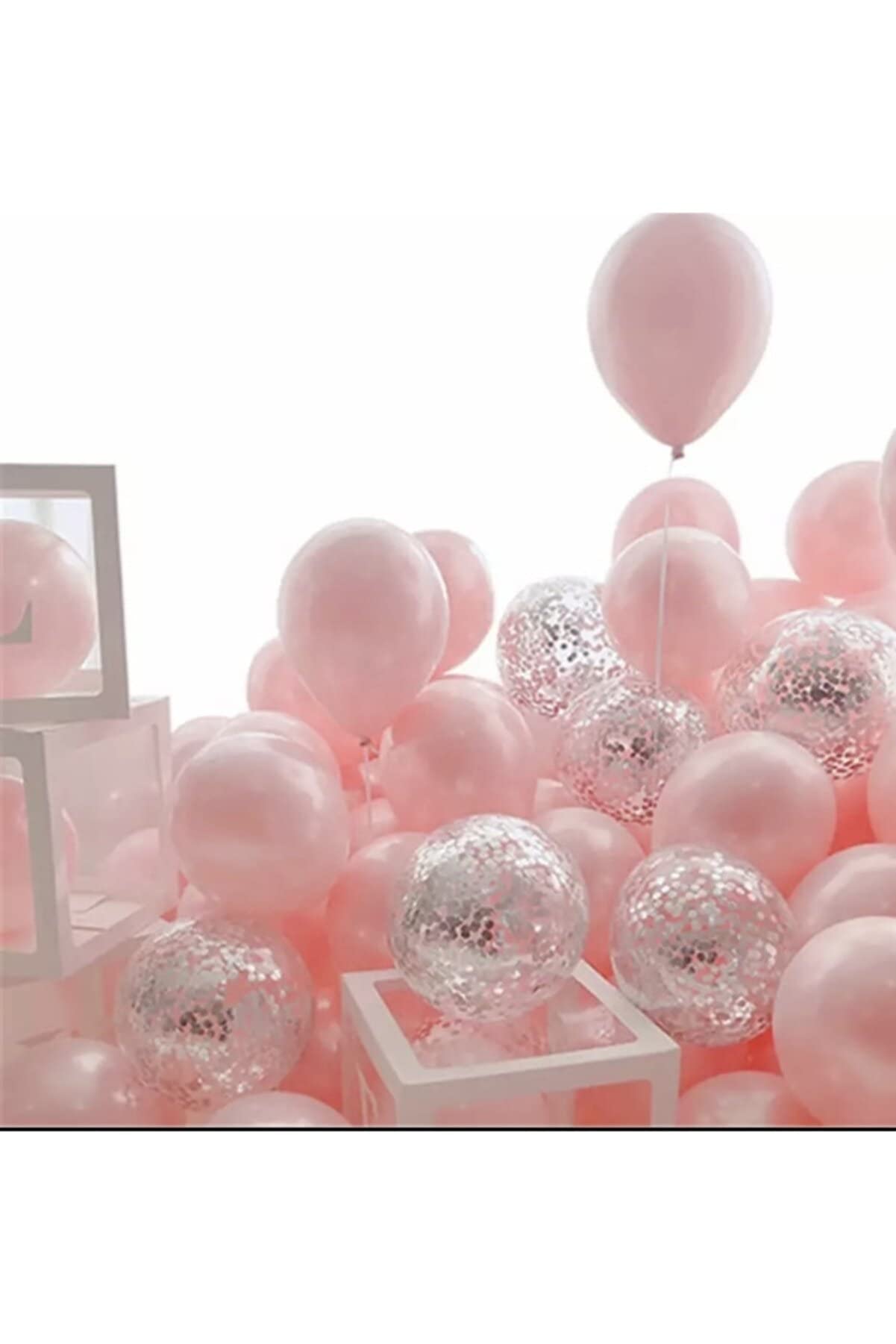 Makaron Pembe Gümüş Konfetili Şeffaf Balon seti 20 Adet