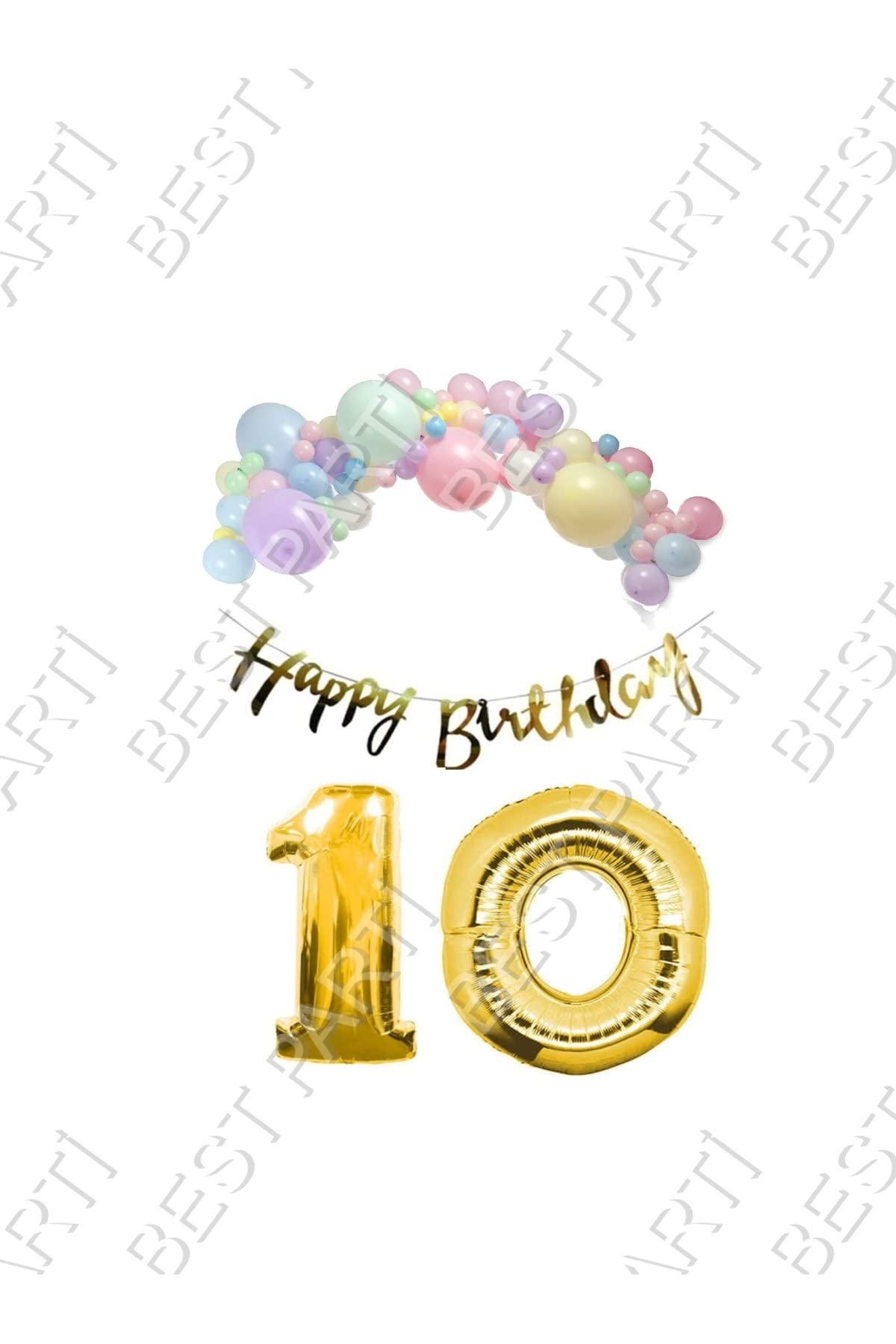 Happy Bırthday Yazılı Kaligrafi Banner Makaron Balon Seti 10 Yaş Gold Set Doğum Günü