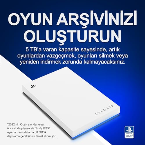 Seagate Game Drive PS4/PS5, 5 TB, Harici SSD - USB 3.0, Resmi Lisanslı, Mavi LED (STLV5000200)