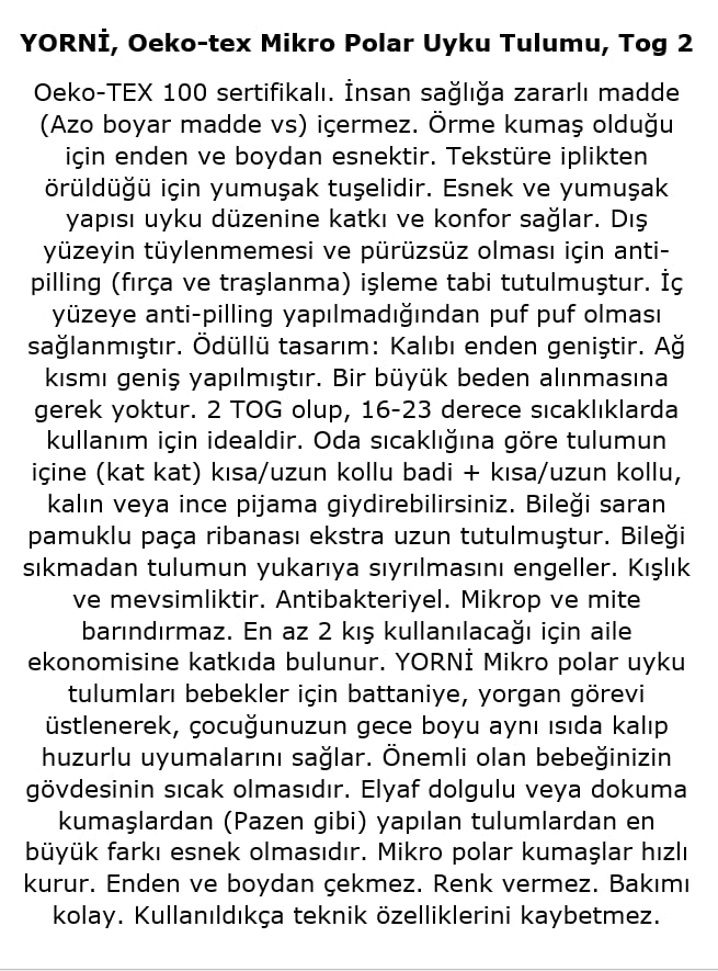 YORNİ Oeko-TEX Mikro Polar Uzun Kollu Bebek Çocuk Uyku Tulumu (6-18ay)