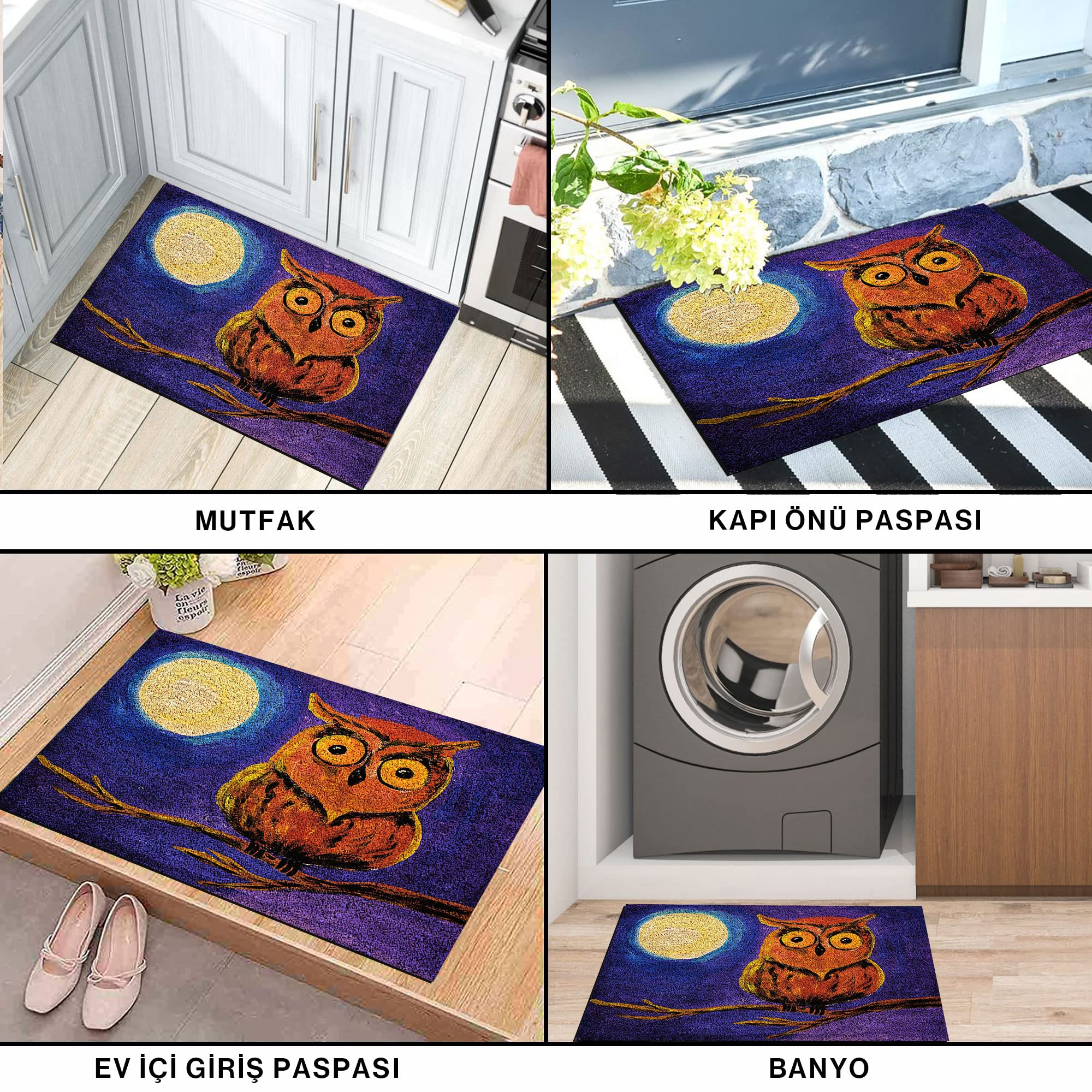 Monnhein Tasarımlı Dekoratif Kapı önü Paspas, Dış Mekan/Ev İçi/Banyo/Mutfak/Yatak Odası/Giriş Paspasları (Gece Baykuş, 40x60)
