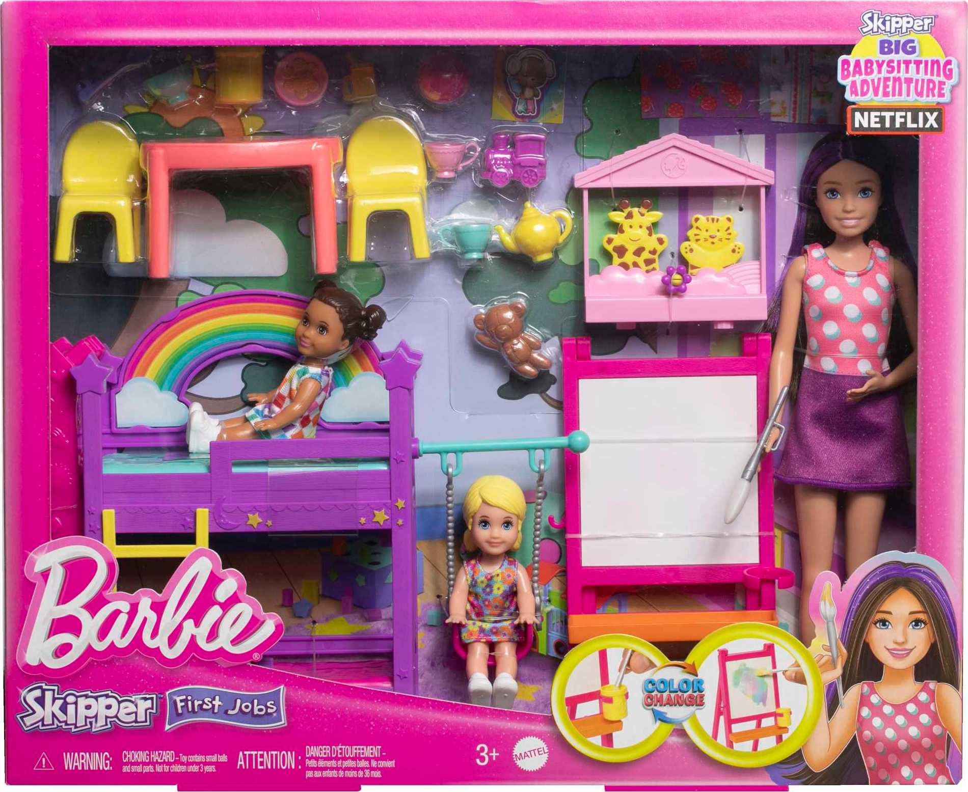 Barbie Skipper Bebek Bakıcılığı Eğlencesi Oyun Seti 3 bebek, mobilya ve 15'ten fazla aksesuar ile Barbie Skipper Bebek Bakıcılığı Eğlencesi oyun seti HND18