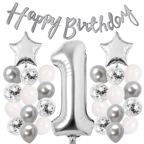 Gumus Konsept Dogum Gunu Kutlama Seti Beyaz Gumus Konfetili Balon Rakam Yıldız Folyo ve Banner (1 Yaş)