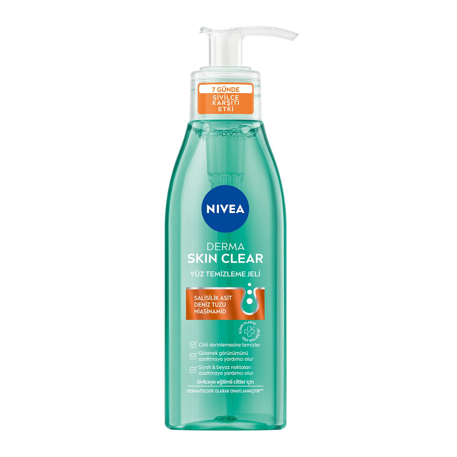 NIVEA Derma Skin Clear Sivilce Karşıtı Yüz Temizleme Jeli 150ml, Gözenek Arındırıcı,Gözenek Görünümünü,Siyah Noktaları Azaltır,Salisilik Asit,Niasinamid,Deniz Tuzu,Yağlı ve Karma Cilt