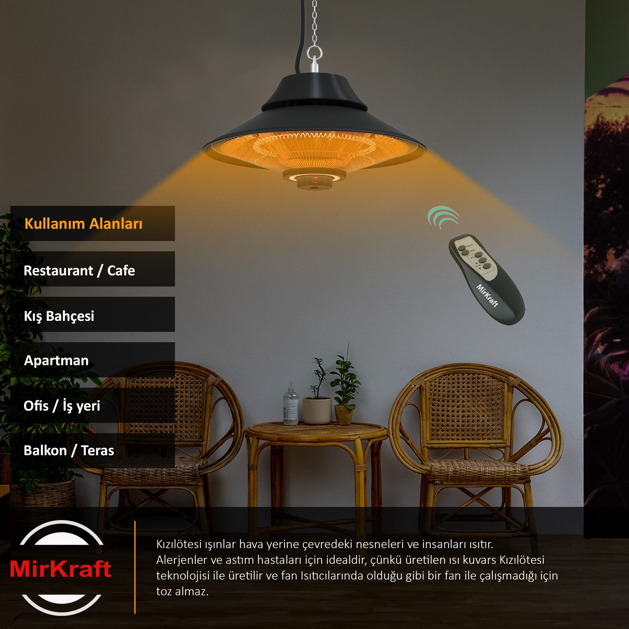 MirKraft Elirg R.C LED Işıklı Elektrikli Isıtıcı, 2000 W, Uzaktan Kumandalı, İki Isıtma Kademesi, IP