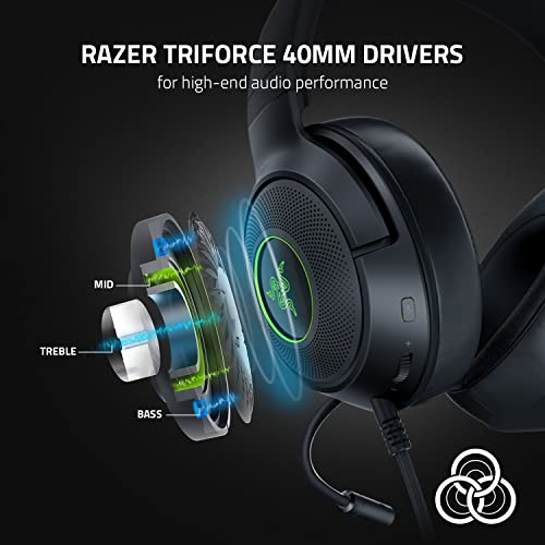 Razer Kraken V3 X USB - Kablolu USB Oyun Kulaklığı (285 g'da ultra hafif, TriForce 40 mm sürücüler, HyperClear Kardioid Mikrofon, 7.1 surround ses, Chroma RGB) Siyah