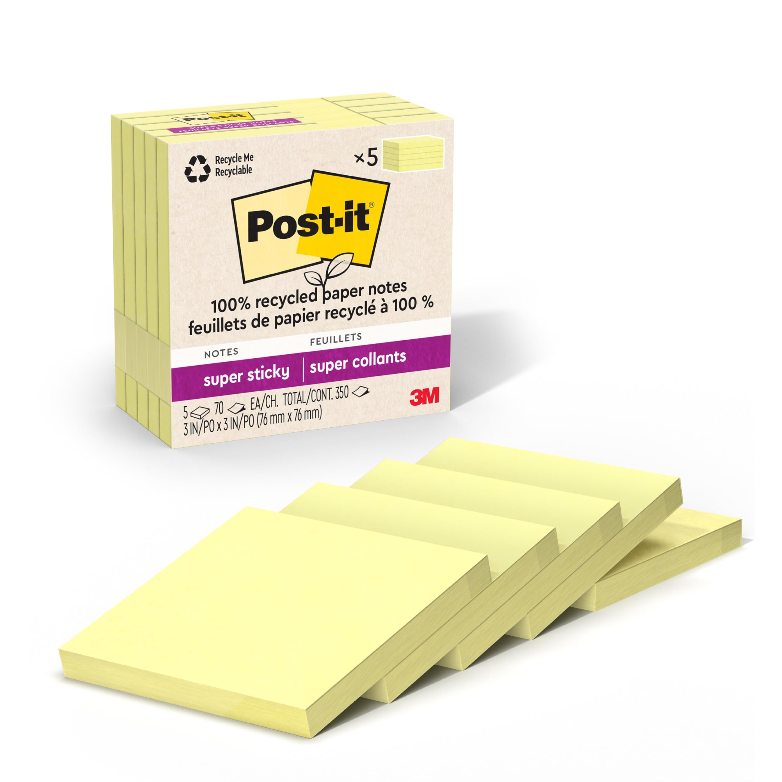 Post-it%100 Geri Dönüşümlü Kağıt Süper Yapışkan Notlar, Kanarya Sarısı, 3 inç x 3 inç, 5 Yapışkan Not Defteri, Her Ped için 70 Yaprak, Okul Malzemeleri ve Ofis Ürünleri