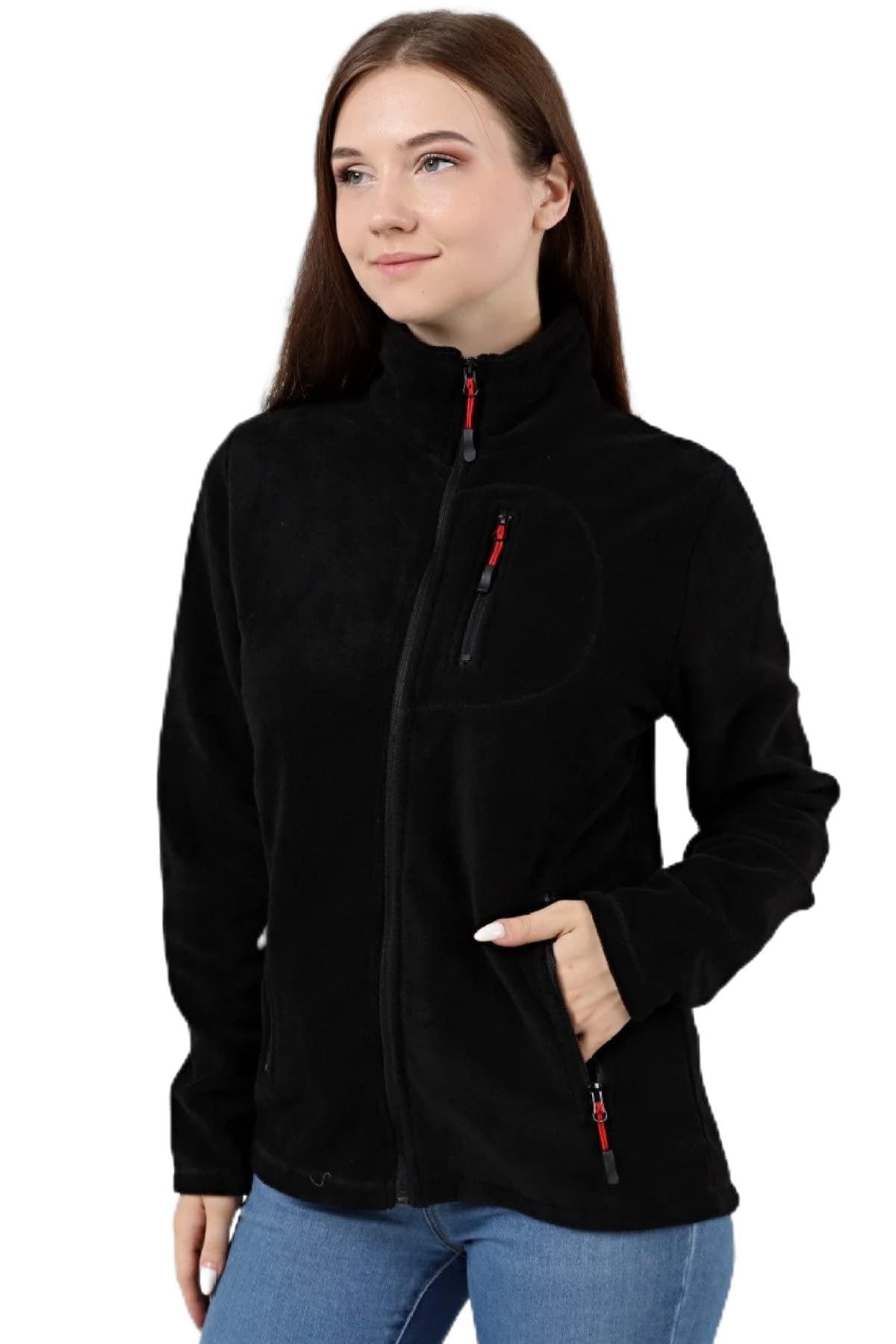 GENIUS STORE Kadın Polar Tam Fermuarlı Outdoor 3 Cepli Spor Polar Ceket (SİYAH/L) L