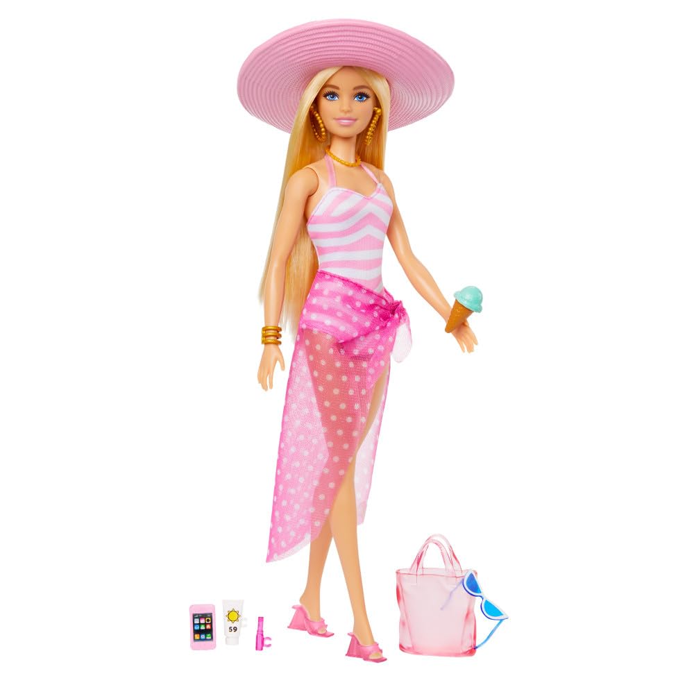 Barbie Mayosu ve plaj temalı aksesuarları olan sarışın bebek, Pembe ve beyaz mayosu, şapkası, el çantası ve plaj temalı aksesuarları olan sarışın Barbie bebek, HPL73
