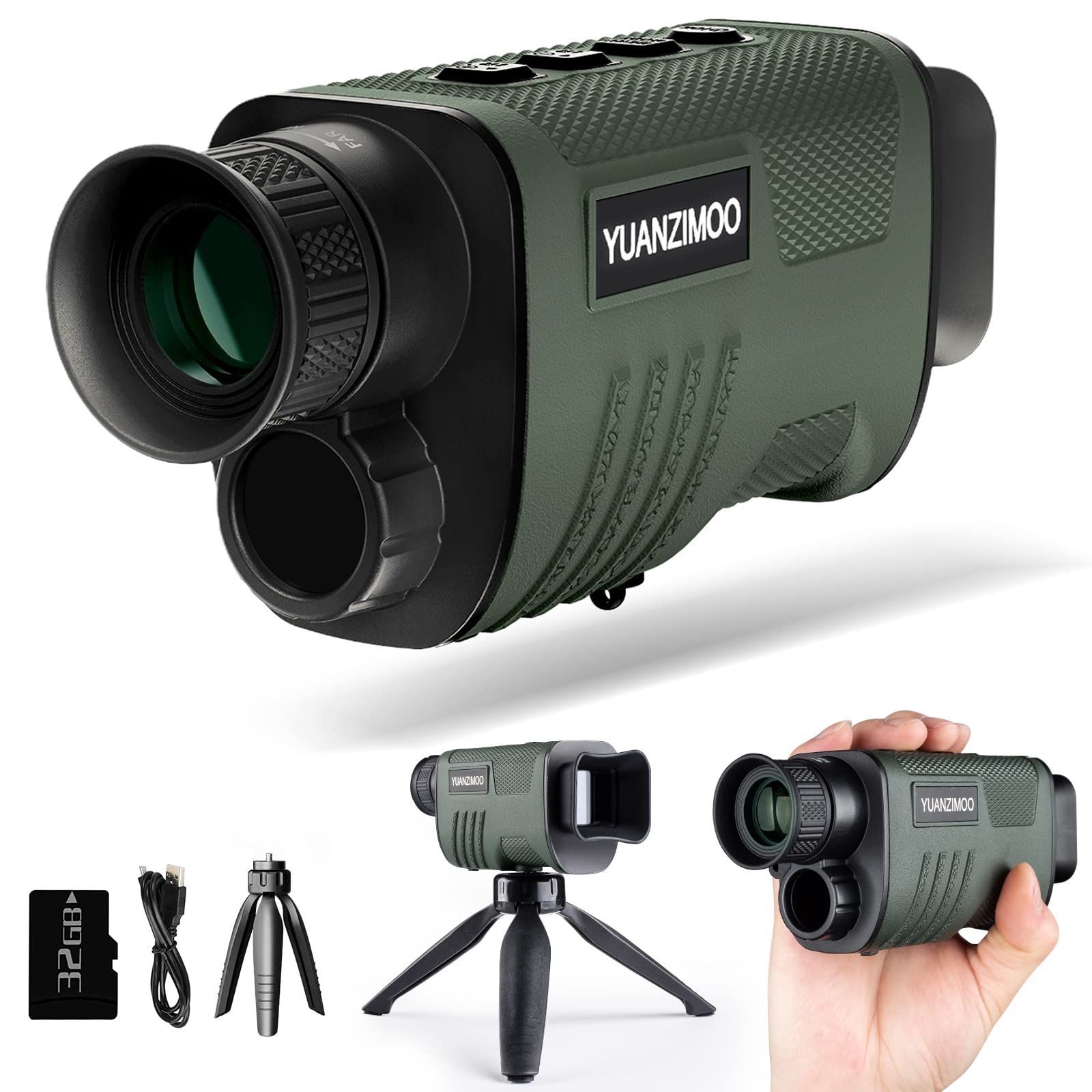 Gece Görüşlü Monoküler Dijital Kızılötesi Monoküler Teleskop 8X Zoom ile %100 Karanlık için 2000 mAh Şarj Edilebilir Pil Yükseltme Tripod 32 GB SD Kart ve Kart Okuyucu, Yetişkin Avcılık Kamp Yeşil