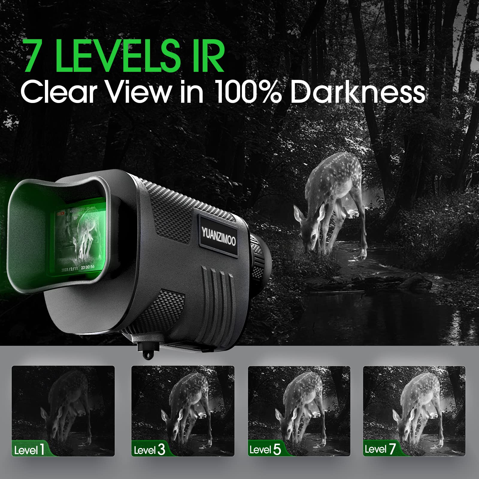 Gece Görüşlü Monoküler Dijital Kızılötesi Monoküler Teleskop 8X Zoom ile %100 Karanlık için 2000 mAh Şarj Edilebilir Pil Yükseltme Tripod 32 GB SD Kart ve Kart Okuyucu, Yetişkin Avcılık Kamp Yeşil