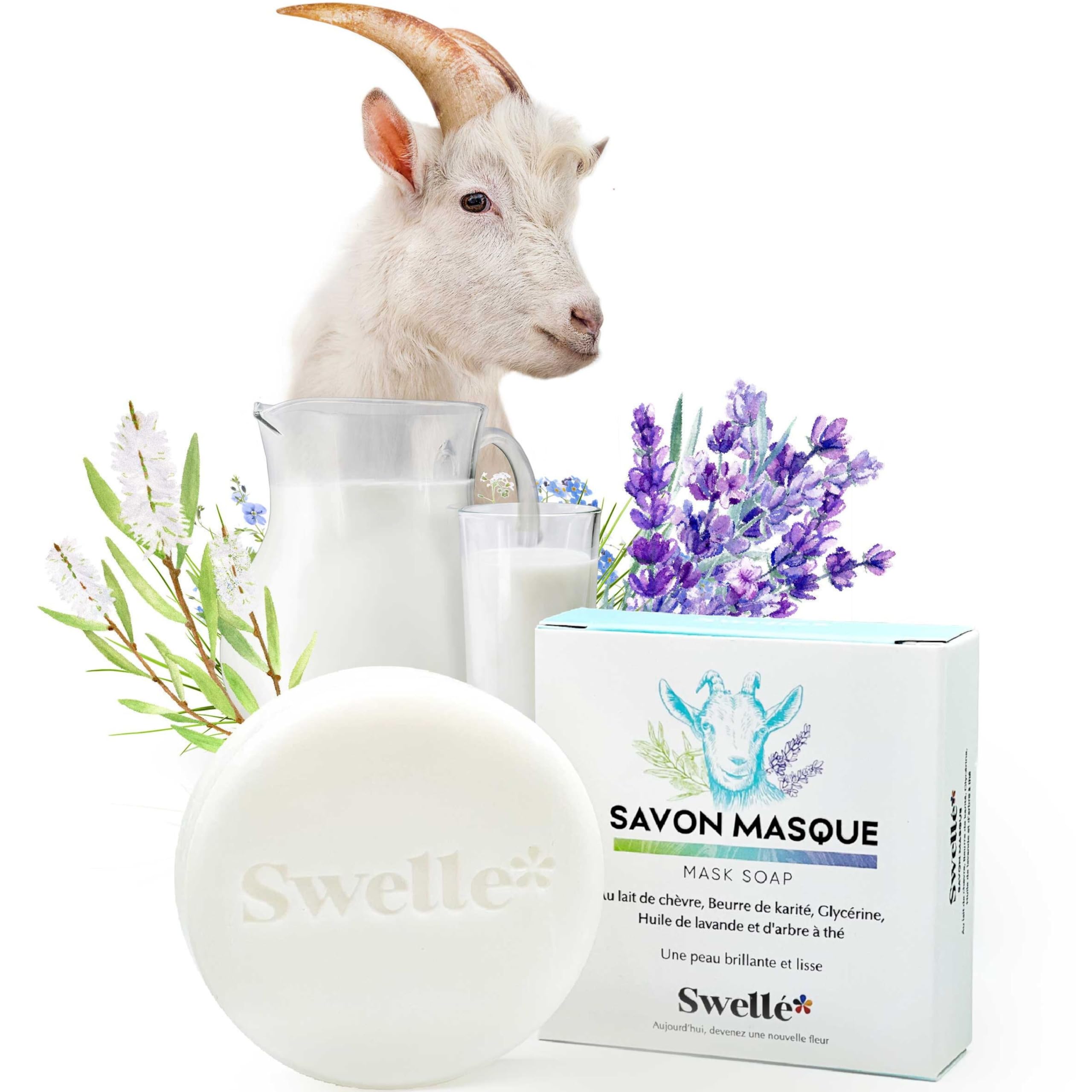 SWELLE Keçi Sütü Sabunu 110gr Shea Butter Çay Ağacı Lavanta Yüz Maskesi 1 adet Doğal Katı Sabun Vücut Peelingi Yüz, Siyah Nokta Yüz Maskesi, Yüz Bakımı Güzellik Sabunu