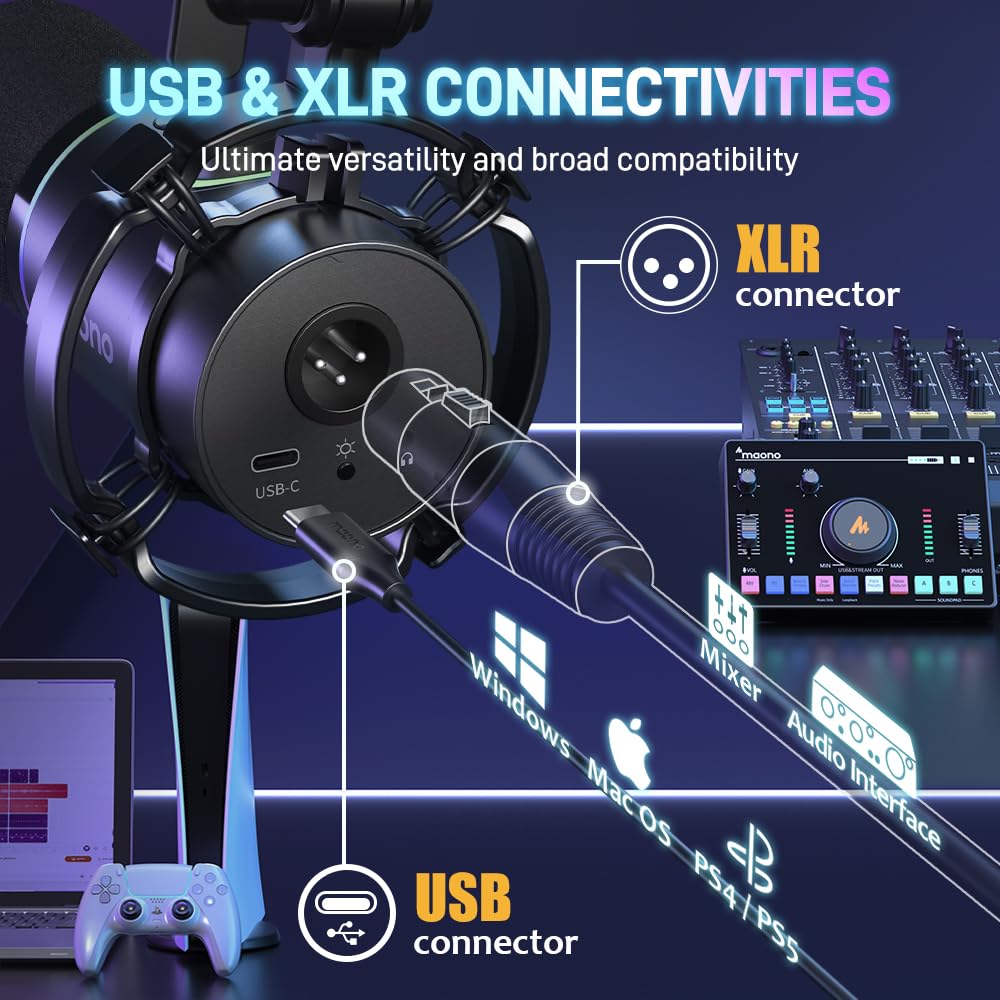 MAONO XLR/USB Dinamik Mikrofon, Yazılımlı RGB Oyun Mikrofonu, Sessiz, Kazanç Düğmesi, Ses Kontrolü ve Kulaklık Jakı, Akış, Podcasting, Kayıt - PD200X (Siyah)