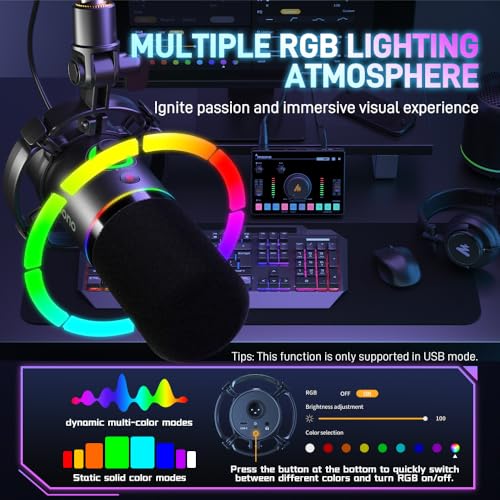 MAONO XLR/USB Dinamik Mikrofon, Yazılımlı RGB Oyun Mikrofonu, Sessiz, Kazanç Düğmesi, Ses Kontrolü ve Kulaklık Jakı, Akış, Podcasting, Kayıt - PD200X (Siyah)