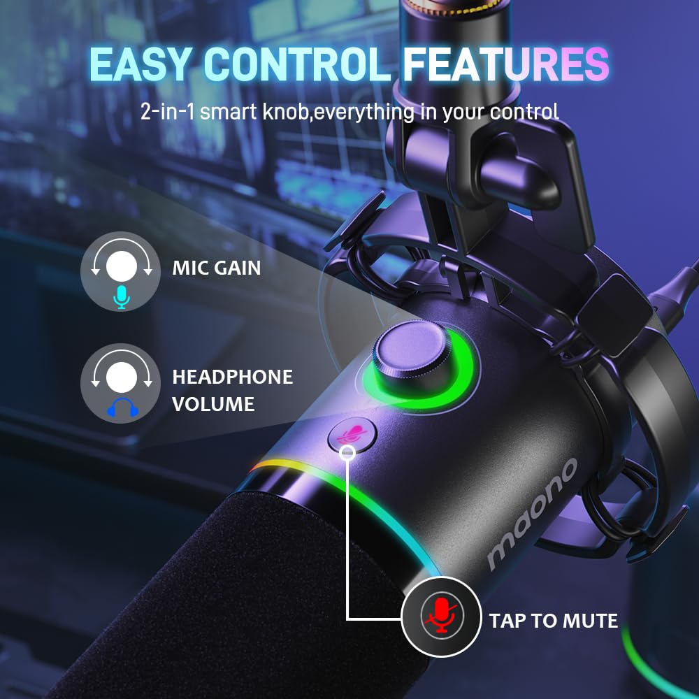 MAONO XLR/USB Dinamik Mikrofon, Yazılımlı RGB Oyun Mikrofonu, Sessiz, Kazanç Düğmesi, Ses Kontrolü ve Kulaklık Jakı, Akış, Podcasting, Kayıt - PD200X (Siyah)