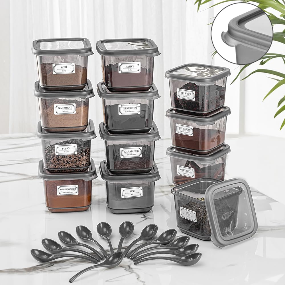 Meleni Home, 12'li Etiketli Kapaklı Kare Erzak Saklama Kabı Antrasit 12 x 0.50 Lt