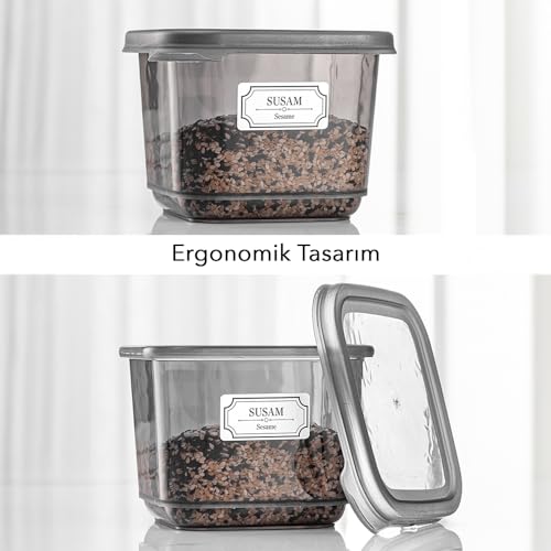 Meleni Home, 12'li Etiketli Kapaklı Kare Erzak Saklama Kabı Antrasit 12 x 0.50 Lt
