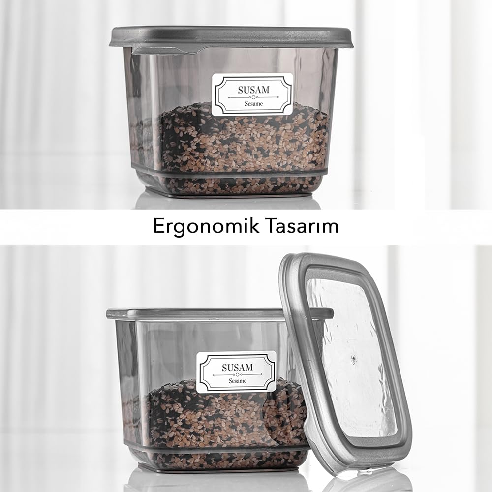 Meleni Home, 12'li Etiketli Kapaklı Kare Erzak Saklama Kabı Antrasit 12 x 0.50 Lt