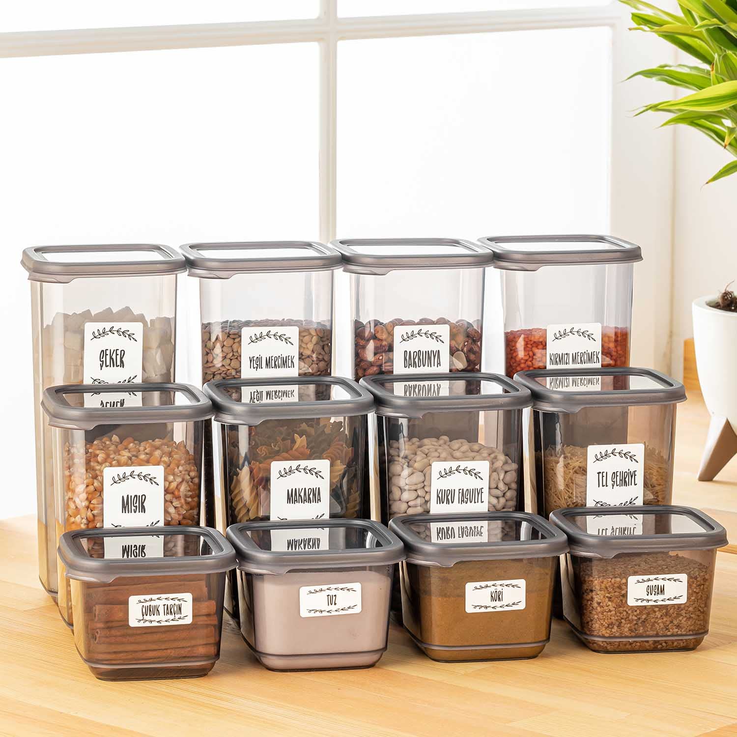 Meleni Home, 12'li Süper Set Etiketli Kapaklı Kare Erzak Saklama Kabı Antrasit 4x(0,50 Lt-1,10 Lt -1,70 Lt)