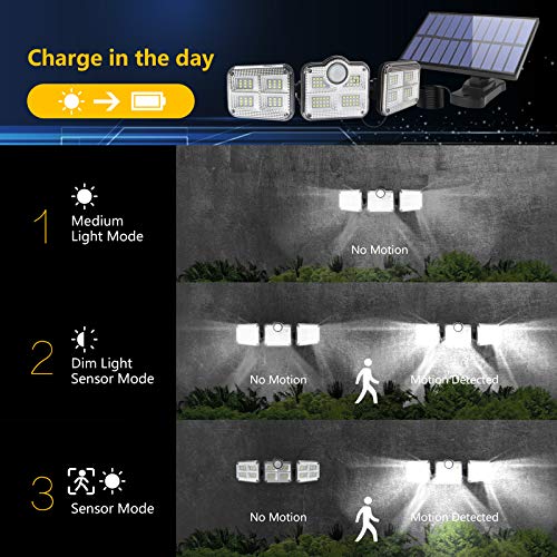 Dış mekan için solar lamba, hareket sensörlü, LED, 3 ayarlanabilir başlıklı, 270° geniş açılı, IP65 su geçirmez, 16,5 ft kablolu, iç ve dış mekanlar için uygundur