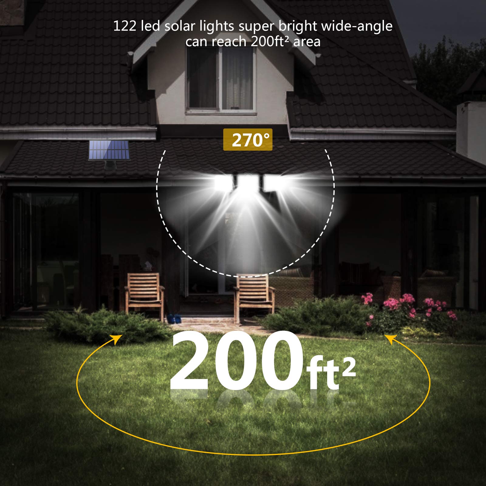 Dış mekan için solar lamba, hareket sensörlü, LED, 3 ayarlanabilir başlıklı, 270° geniş açılı, IP65 su geçirmez, 16,5 ft kablolu, iç ve dış mekanlar için uygundur