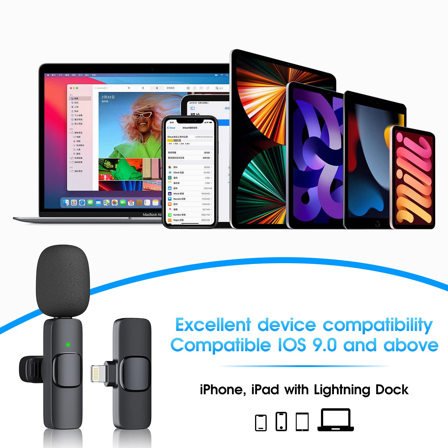 Kopdkes Profesyonel kablosuz yaka mikrofonu iPhone iPad, Plug-Play 2.4G Ultra Düşük Gecikme-Dahili Gürültü Azaltma Çip Yaka Mikrofon Röportaj, Podcast, Vlog, YouTube