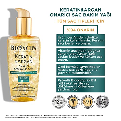 Bioxcin Keratin & Argan Onarıcı Saç Bakım Yağı 150 ml – Yıpranmış Saçlar İçin Nemlendirici ve Parlaklık Veren Bakım