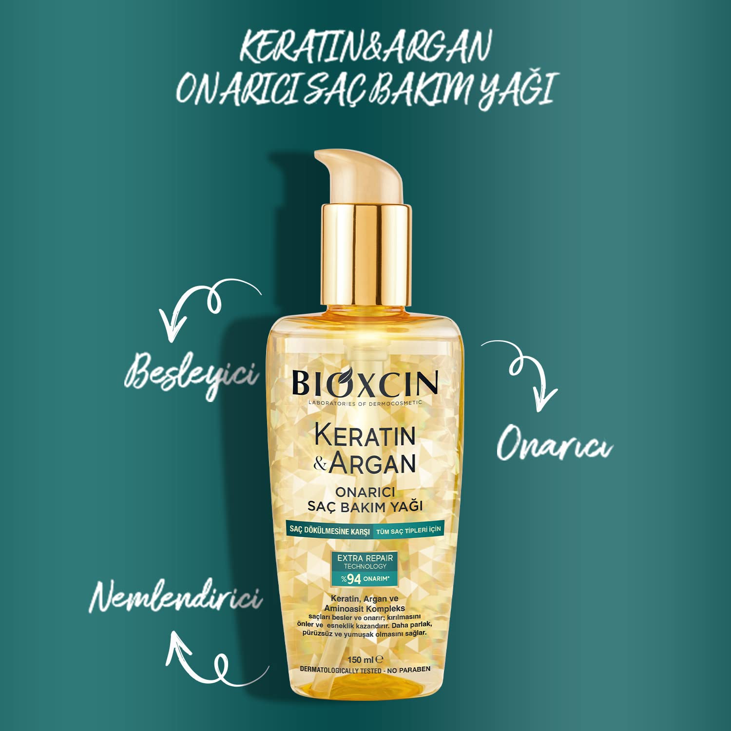 Bioxcin Keratin & Argan Onarıcı Saç Bakım Yağı 150 ml – Yıpranmış Saçlar İçin Nemlendirici ve Parlaklık Veren Bakım