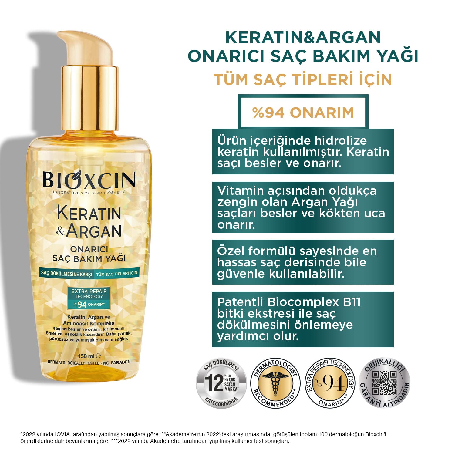 Bioxcin Keratin & Argan Onarıcı Saç Bakım Yağı 150 ml – Yıpranmış Saçlar İçin Nemlendirici ve Parlaklık Veren Bakım
