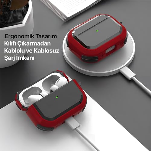 Minesk Airpods Pro 2. Nesil için Armor Serisi Darbelere Karşı Ultra Güçlü Koruma Fiber Karbon Arka Tasarım Airpods Kılıfı (Airpods Pro 2, Kırmızı)