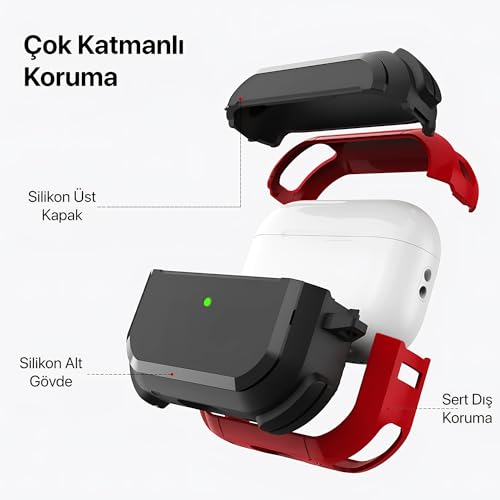 Minesk Airpods Pro 2. Nesil için Armor Serisi Darbelere Karşı Ultra Güçlü Koruma Fiber Karbon Arka Tasarım Airpods Kılıfı (Airpods Pro 2, Kırmızı)