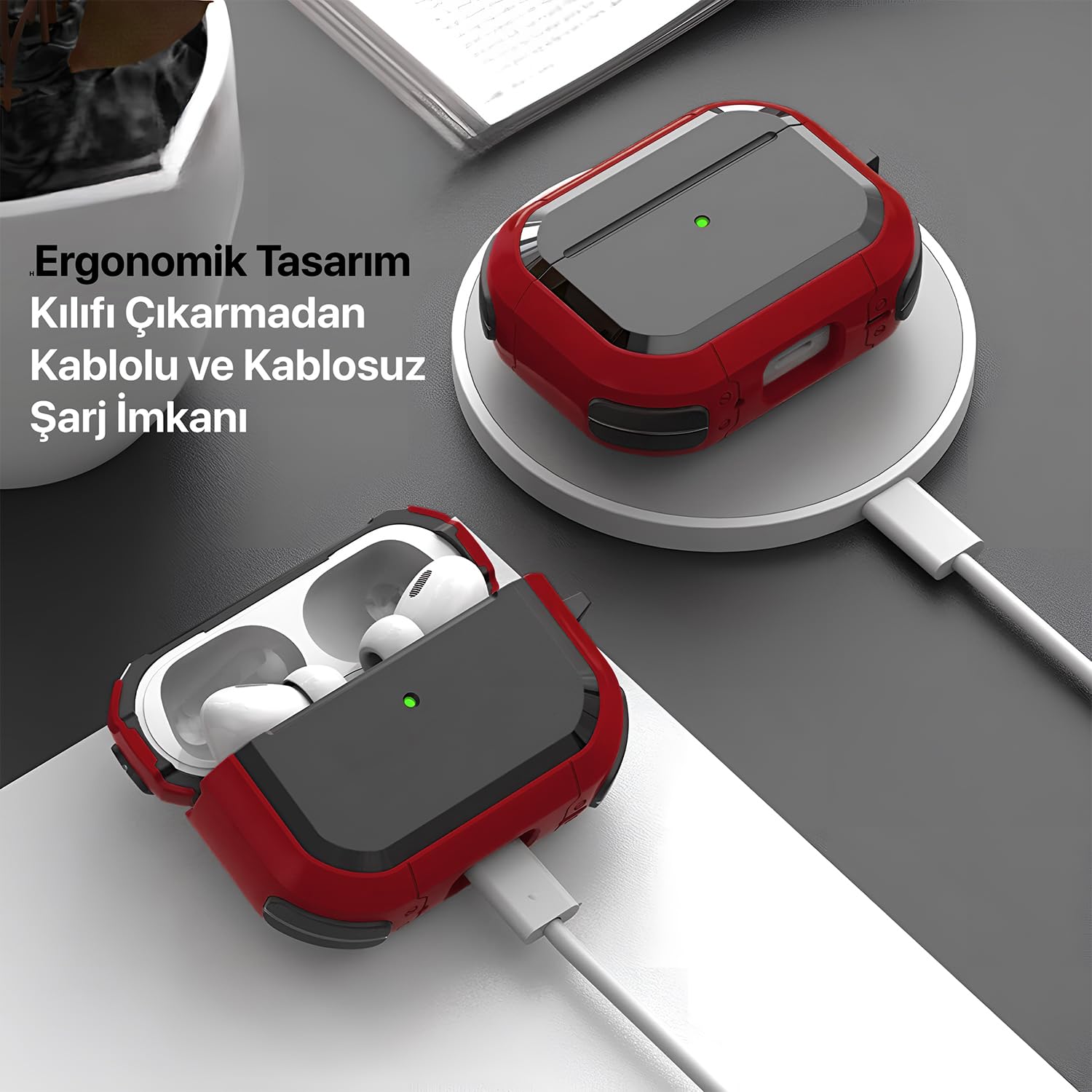 Minesk Airpods Pro 2. Nesil için Armor Serisi Darbelere Karşı Ultra Güçlü Koruma Fiber Karbon Arka Tasarım Airpods Kılıfı (Airpods Pro 2, Kırmızı)