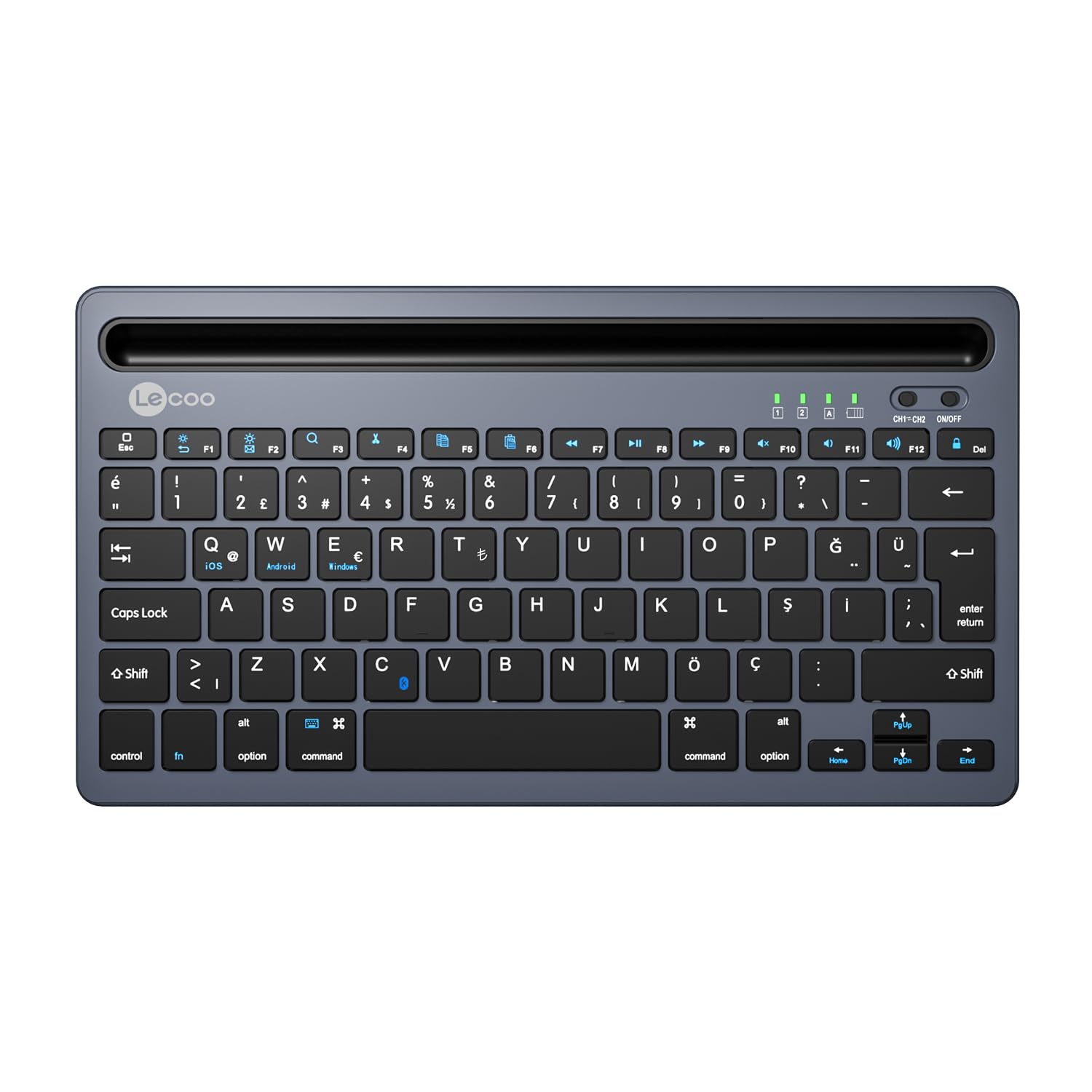 Lecoo BK100 Kablosuz Bluetooth Şarj Edilebilir, Çoklu Cihaz ile Uyumlu, Telefon/Tablet Tutucu Kart Yuvası, Akıllı Uyku Modlu, 40 Saat Çalışma, 78 Tuş, Kompakt Ultra İnce QWERTY Türkçe Q Klavye Gri