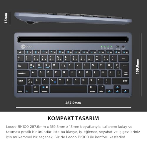 Lecoo BK100 Kablosuz Bluetooth Şarj Edilebilir, Çoklu Cihaz ile Uyumlu, Telefon/Tablet Tutucu Kart Yuvası, Akıllı Uyku Modlu, 40 Saat Çalışma, 78 Tuş, Kompakt Ultra İnce QWERTY Türkçe Q Klavye Gri