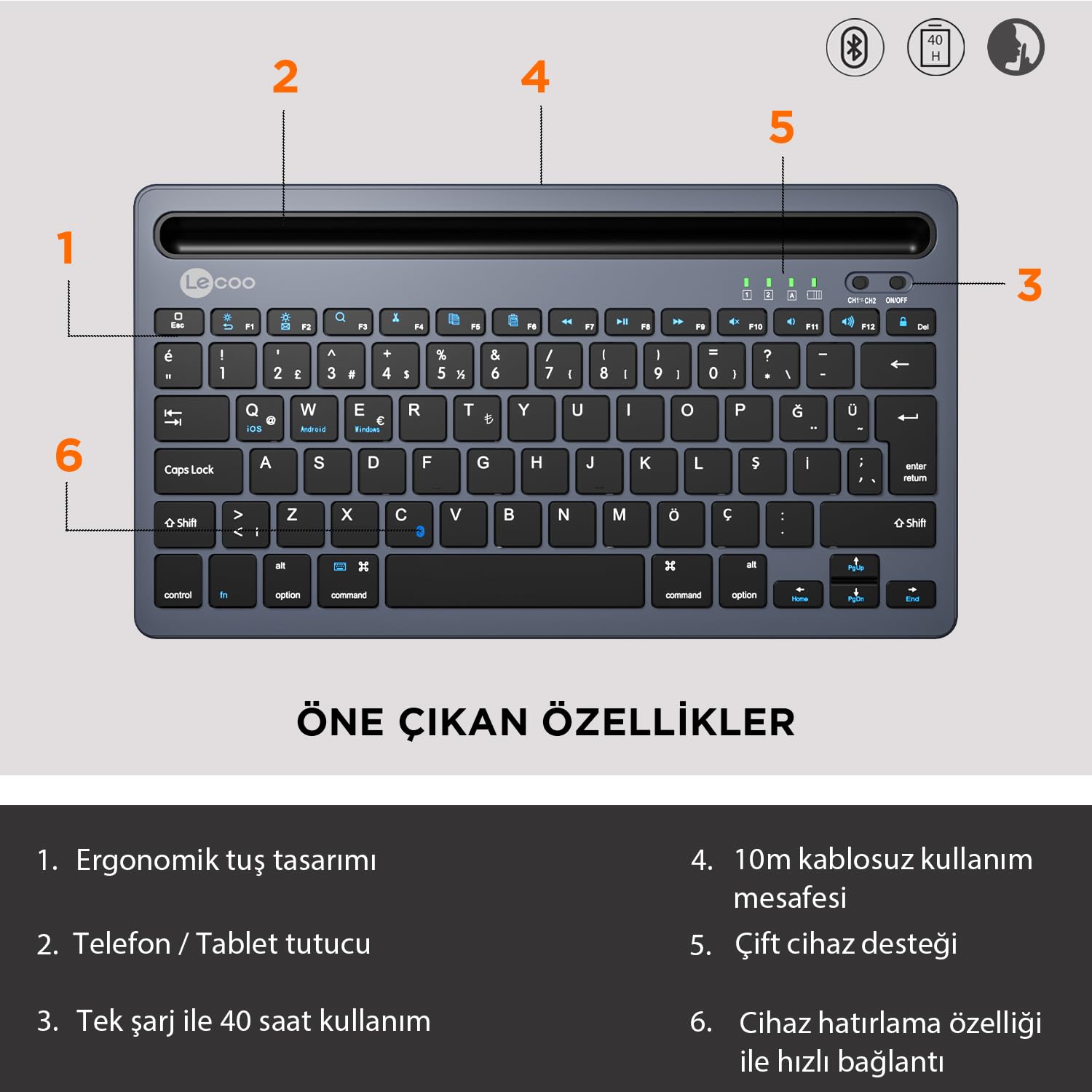 Lecoo BK100 Kablosuz Bluetooth Şarj Edilebilir, Çoklu Cihaz ile Uyumlu, Telefon/Tablet Tutucu Kart Yuvası, Akıllı Uyku Modlu, 40 Saat Çalışma, 78 Tuş, Kompakt Ultra İnce QWERTY Türkçe Q Klavye Gri