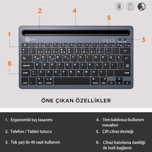 Lecoo BK100 Kablosuz Bluetooth Şarj Edilebilir, Çoklu Cihaz ile Uyumlu, Telefon/Tablet Tutucu Kart Yuvası, Akıllı Uyku Modlu, 40 Saat Çalışma, 78 Tuş, Kompakt Ultra İnce QWERTY Türkçe Q Klavye Gri