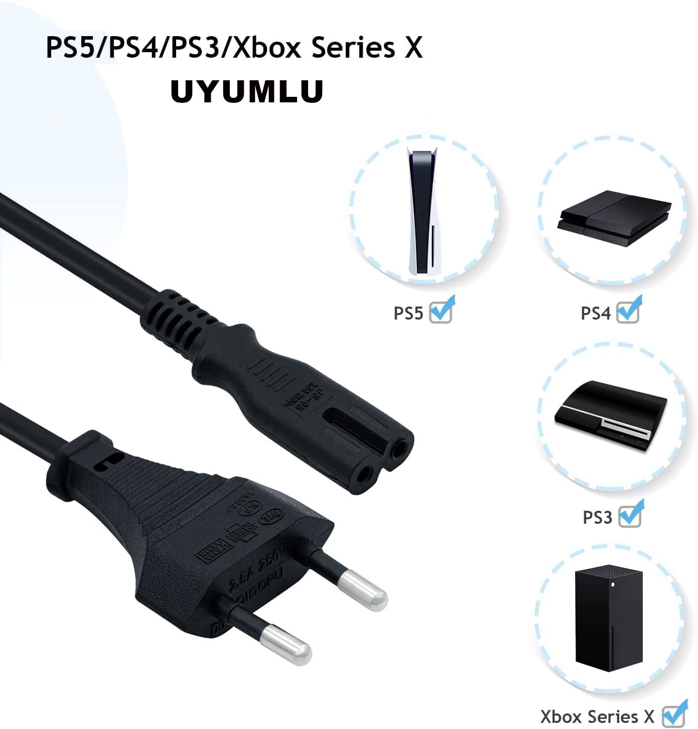 ROBEVE PS3 / PS4 / PS5 / XBox Series S-X Uyumlu Güç Kablosu 1.5 Metre 2Pin Güç Kablosu Projeksiyon - Monitör - Tv Universal 2Pin Güç Kablosu