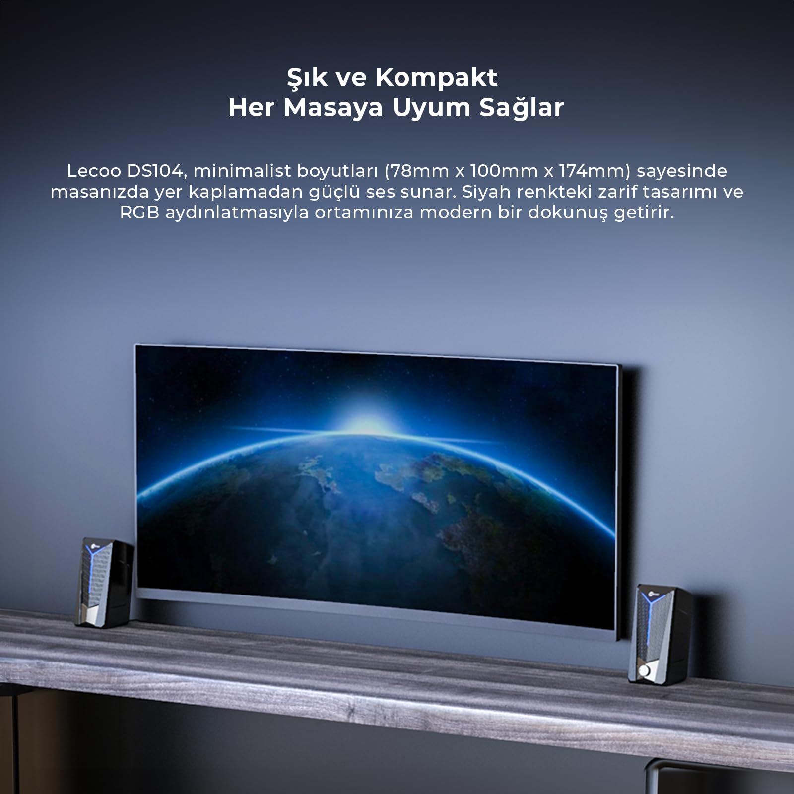 Lecoo DS104 Kablolu USB + 3.5mm Jack Girişli, 6W Yüksek Çözünürlüklü Ses, RGB Aydınlatmalı PC/Tablet/Laptop/TV/Telefon Tak Çalıştır Kolay Kurulum Kompakt Masaüstü Hoparlör Siyah