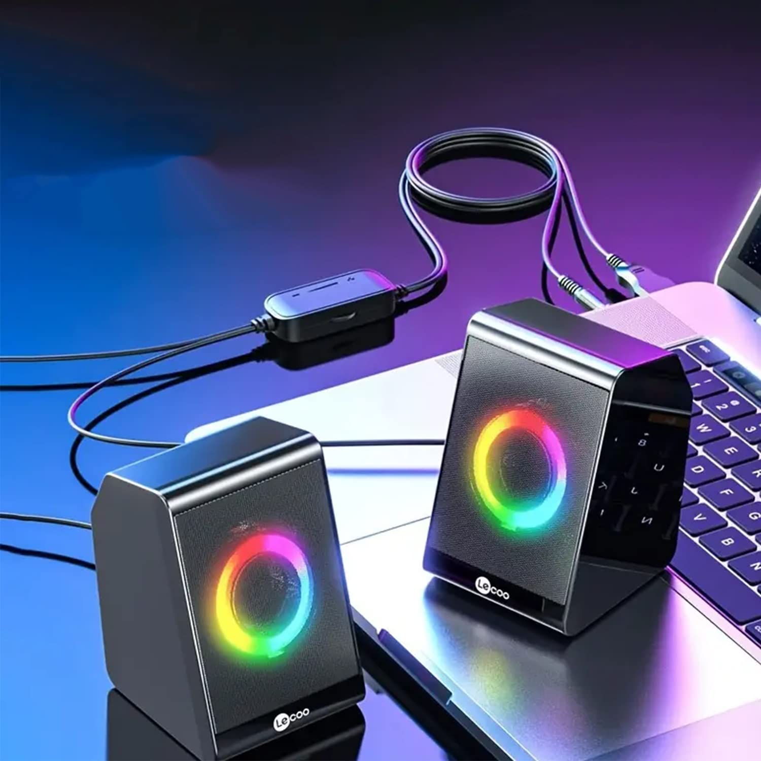 Lecoo DS100 Kablolu (USB+3.5mm) 1+1 Stereo Surround Ses 6W RGB Aydınlatmalı Gelişmiş Ses ve Tak Çalıştır Kolay Kurulum Soundbar 410g Kompakt Masaüstü Hoparlör Siyah (Çifti Olarak Satılır)